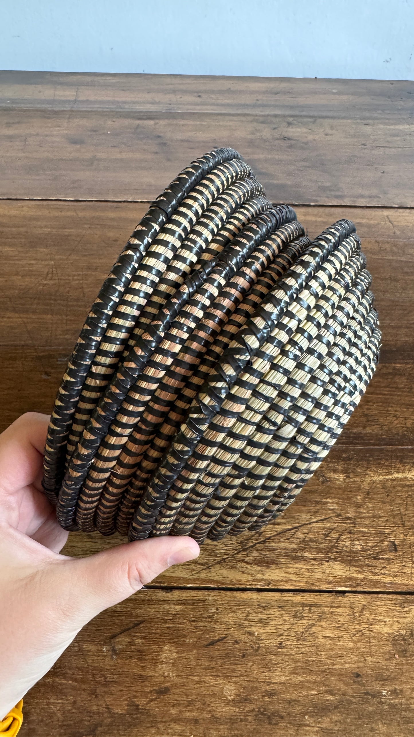 Set of Three Woven Sweet Grass Baskets with Black Accents