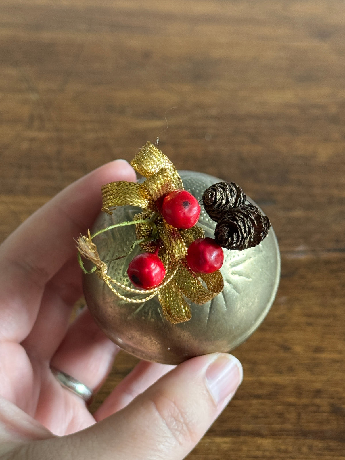 Vintage Brass Holiday Bell Ornament with Faux Holly Decor
