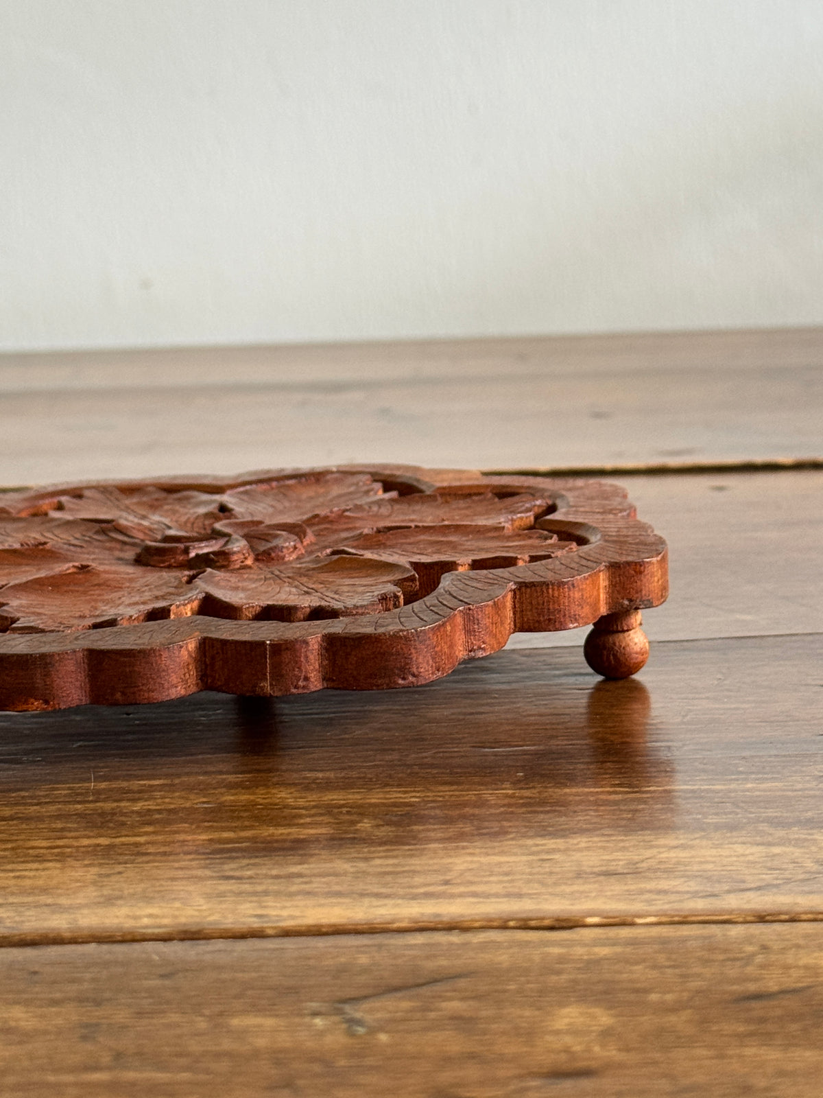 Wood Carved Trivet Raised Stand with Flower Pattern