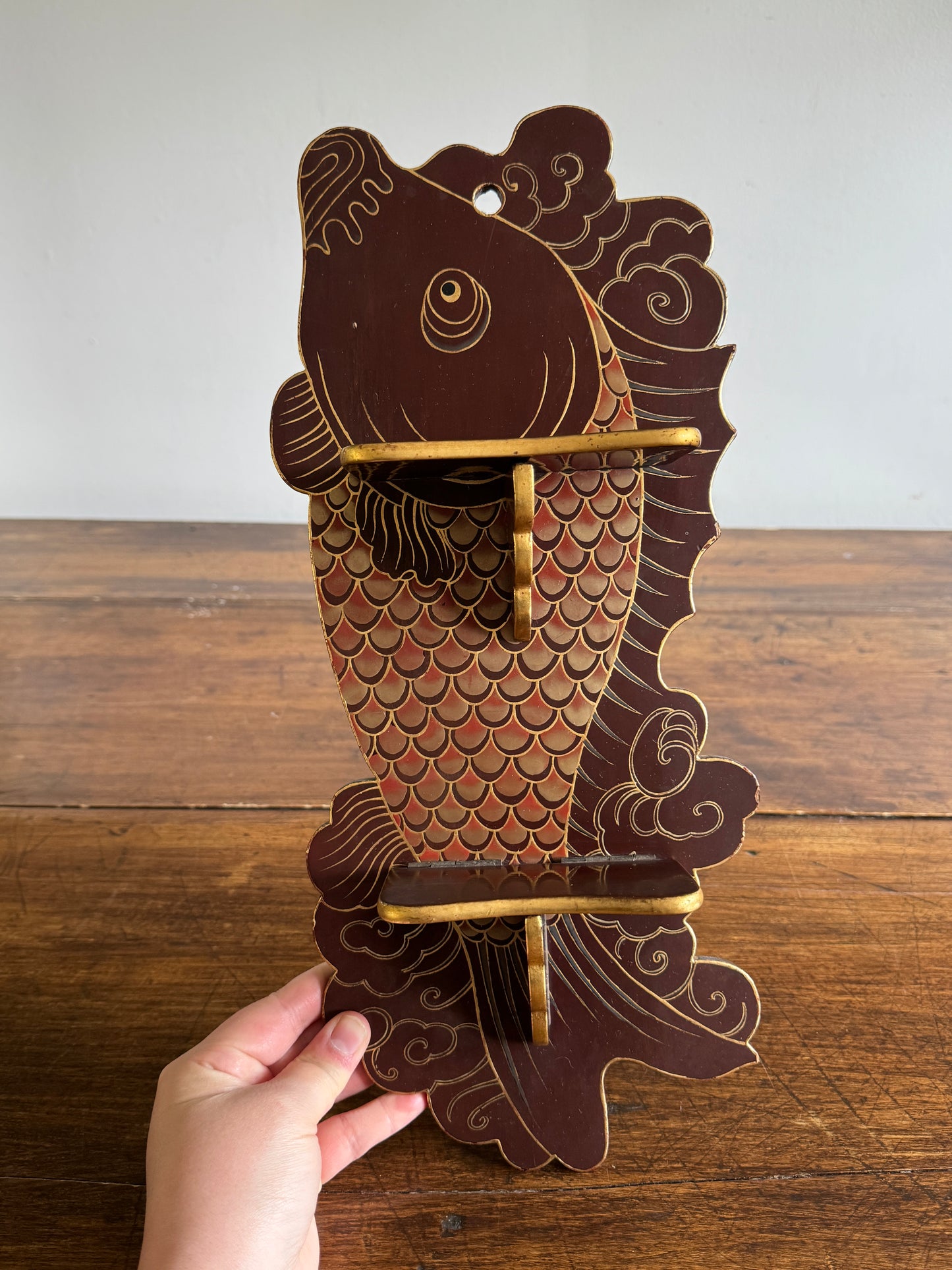 Vintage Wood Folding Koi Shelf with Two Small Ledges