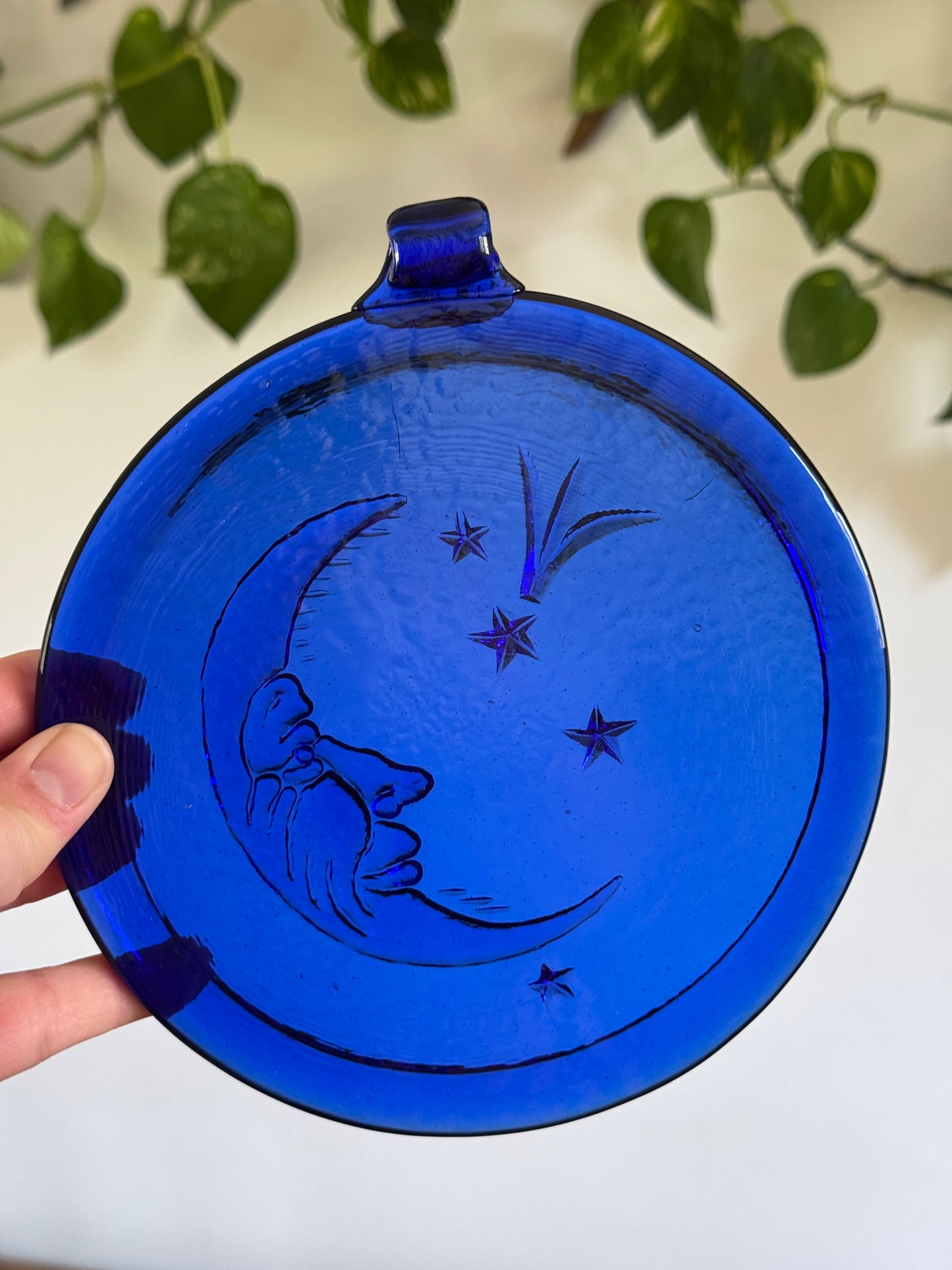 Vintage Cobalt Blue Glass Sun Catch with Man in the Moon Face and Stars