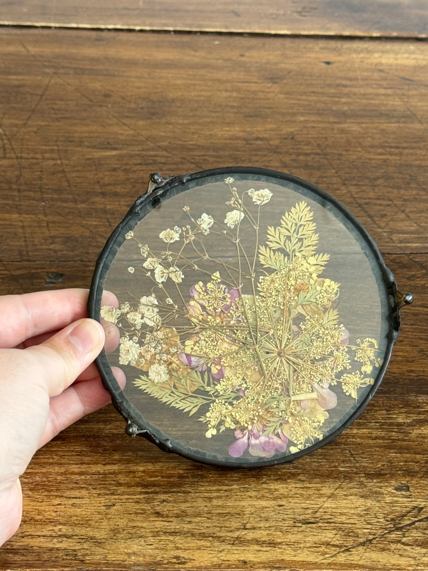 Vintage Pressed Flower Glass Trivet with Metal Edge and Feet