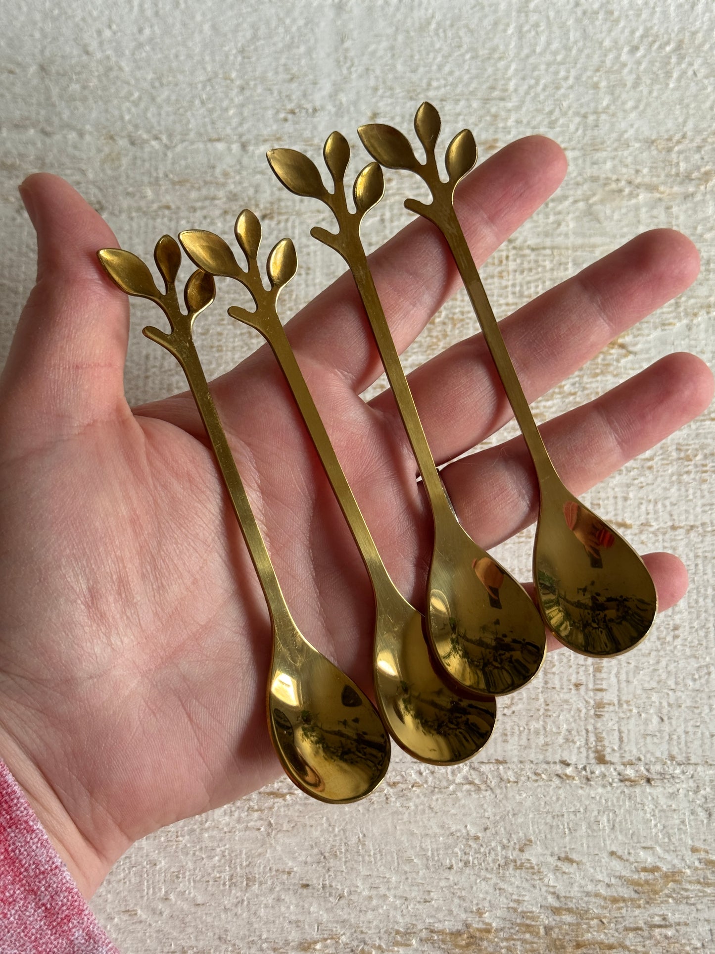 Set of Four Miniature Brass Leaf Spoons - Condiment Spoons