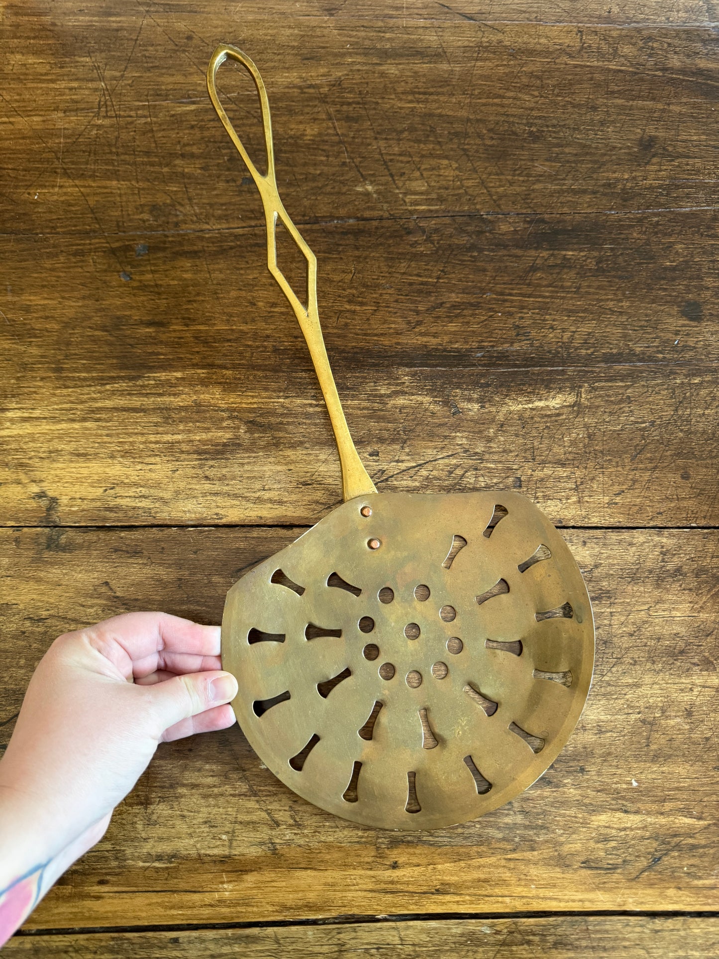Vintage XL Brass Strainer - Large Wall Hanging Kitchen Utensil