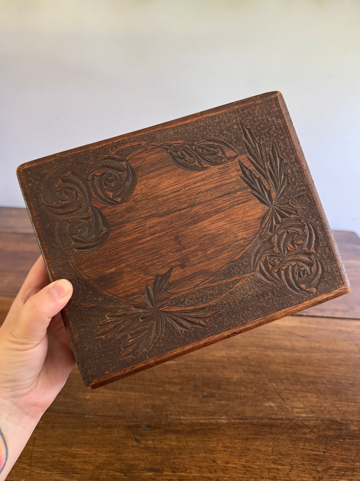Antique Wood Carved Box with Floral Design and Deep Patina
