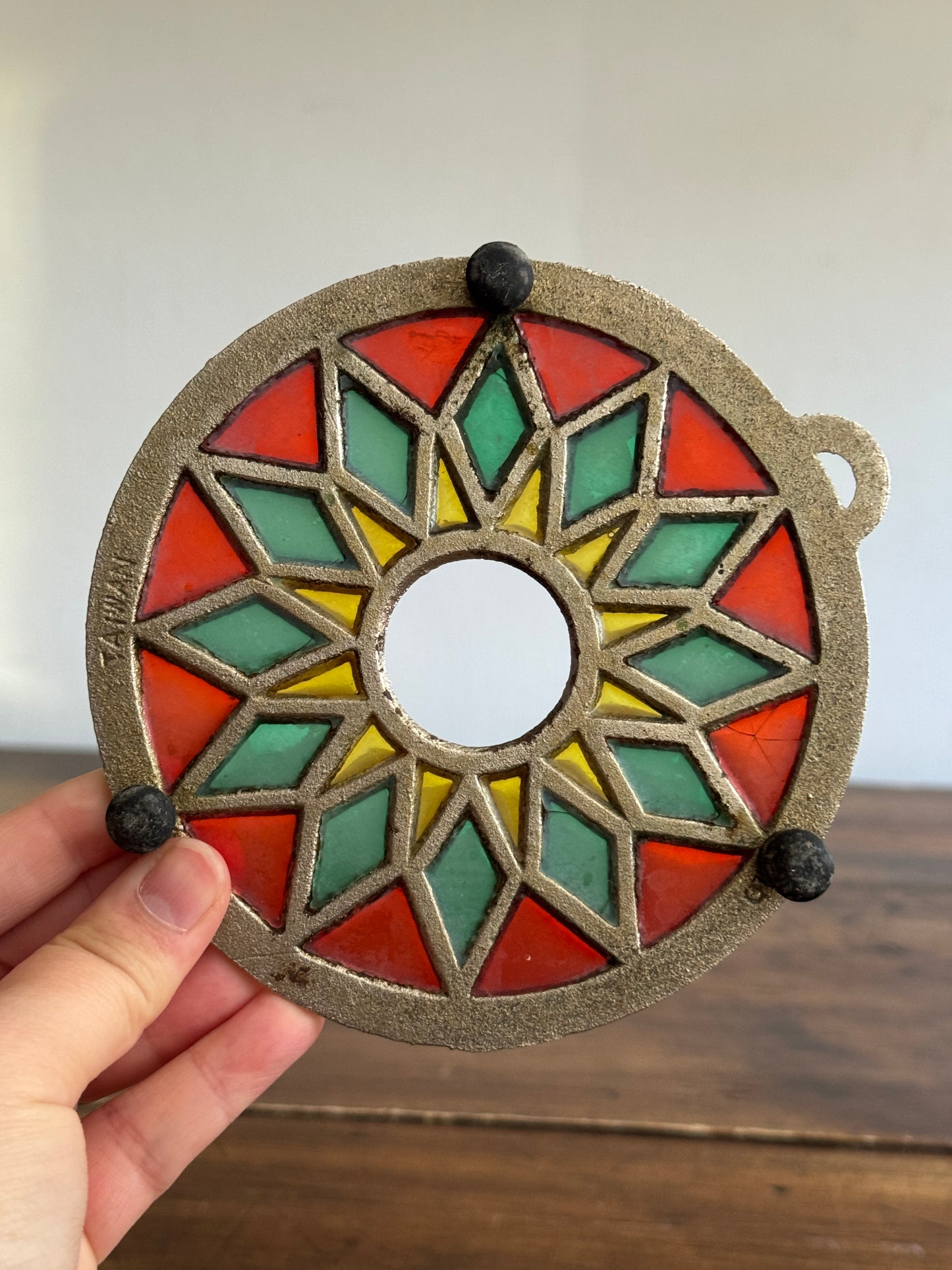 Colourful Metal Trivet with Faux Stained Glass Appearance - Made in Taiwan