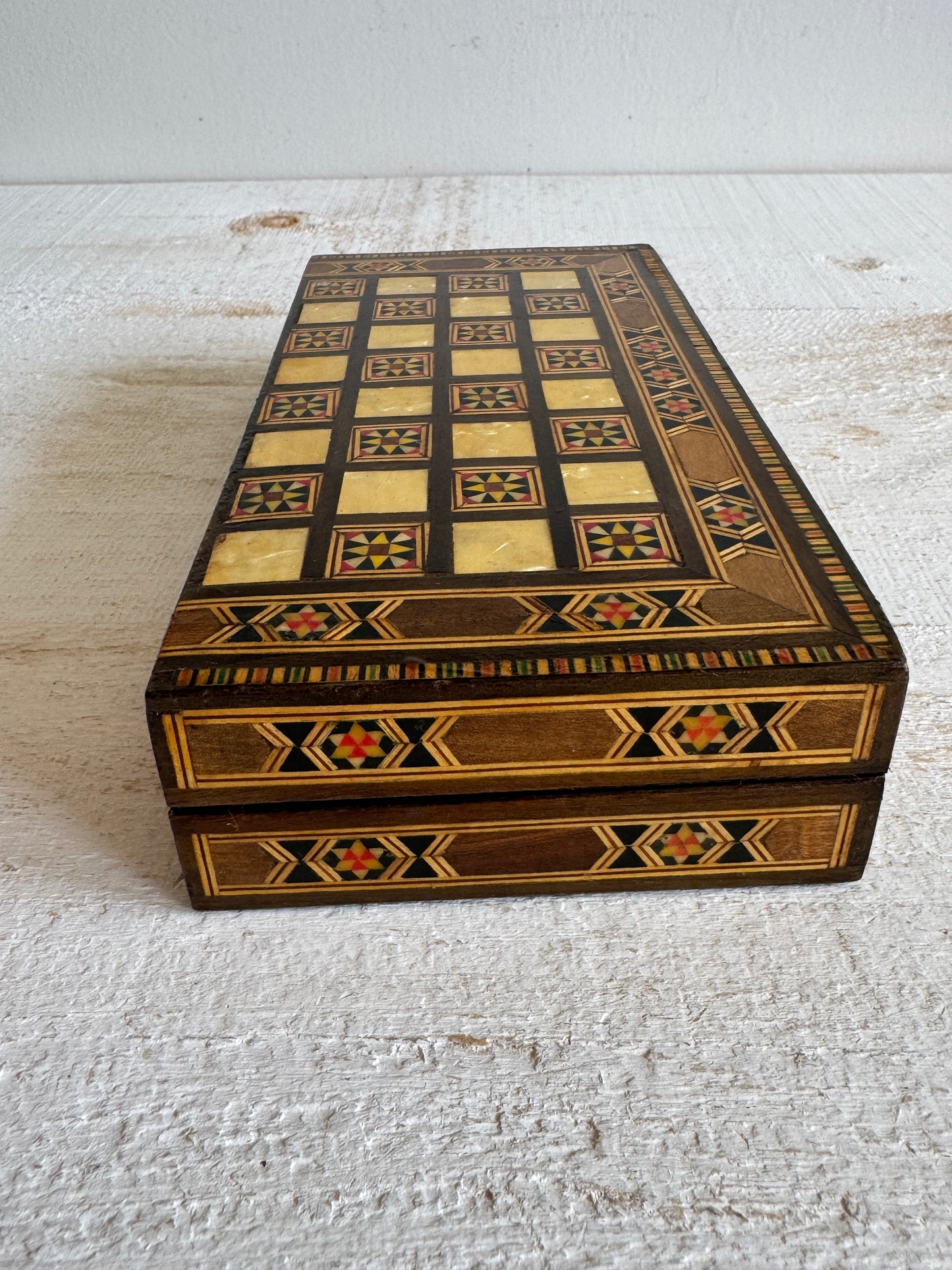 Small Travel Sized Folding Chess and Backgammon 2-in-1 Set with Stunning Marquetry Detailing and Wooden Pieces
