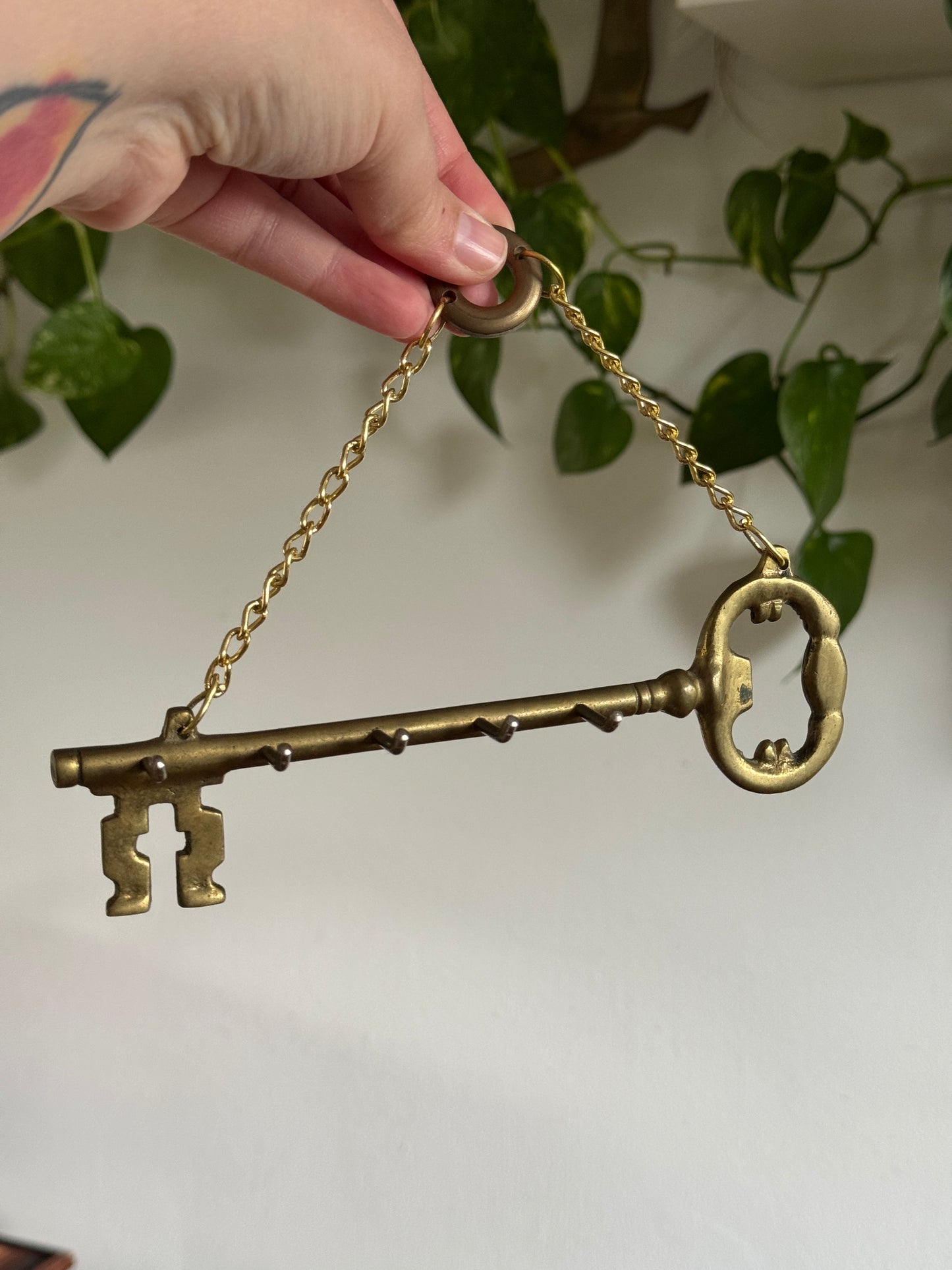 Vintage Brass Key Hook Shaped Like Old Key with Chain and Hooks