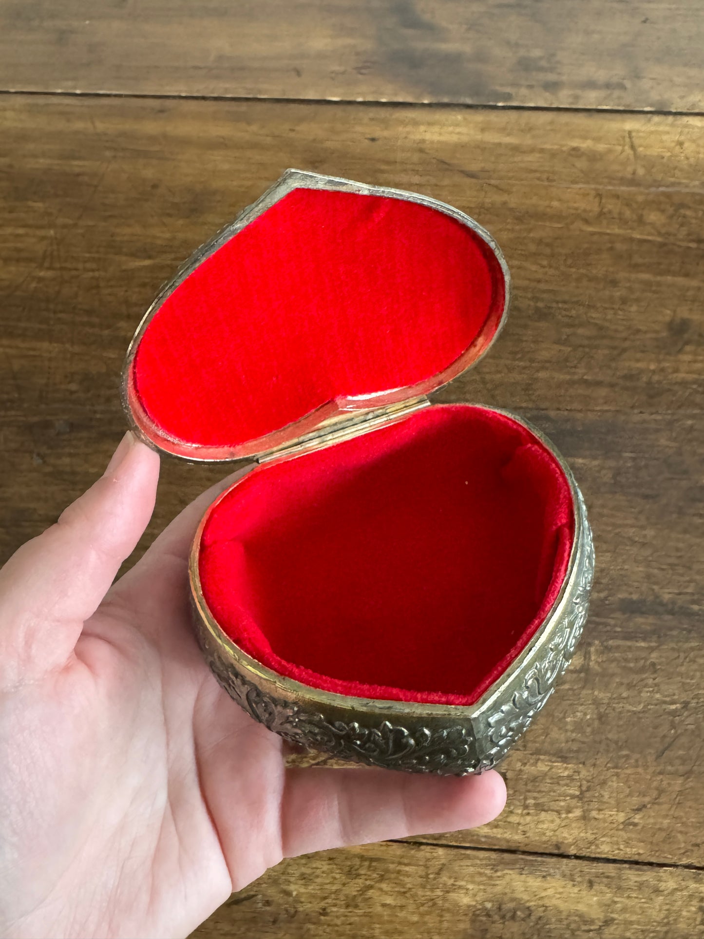 Small Vintage Heart Box with Ornate Metal Detailing Over Red Felt - Mini Trinket Box