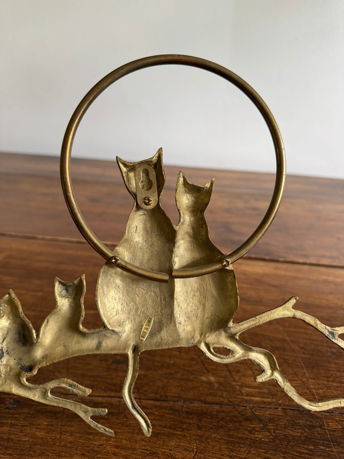 Brass Cats on Branch with Moon Wall Hanging Sculpture