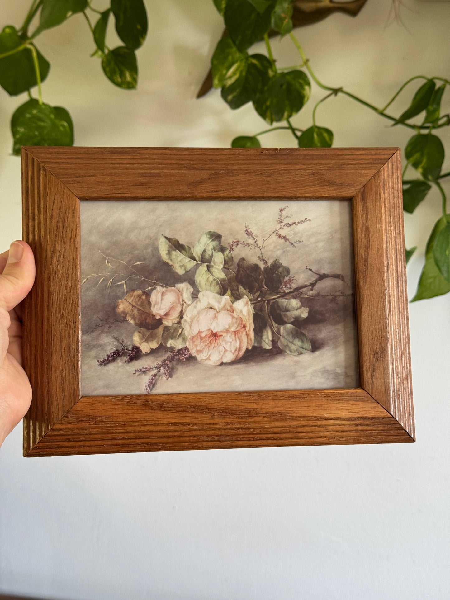 Vintage Thick Wood Picture Frame with Flower Still Life Print