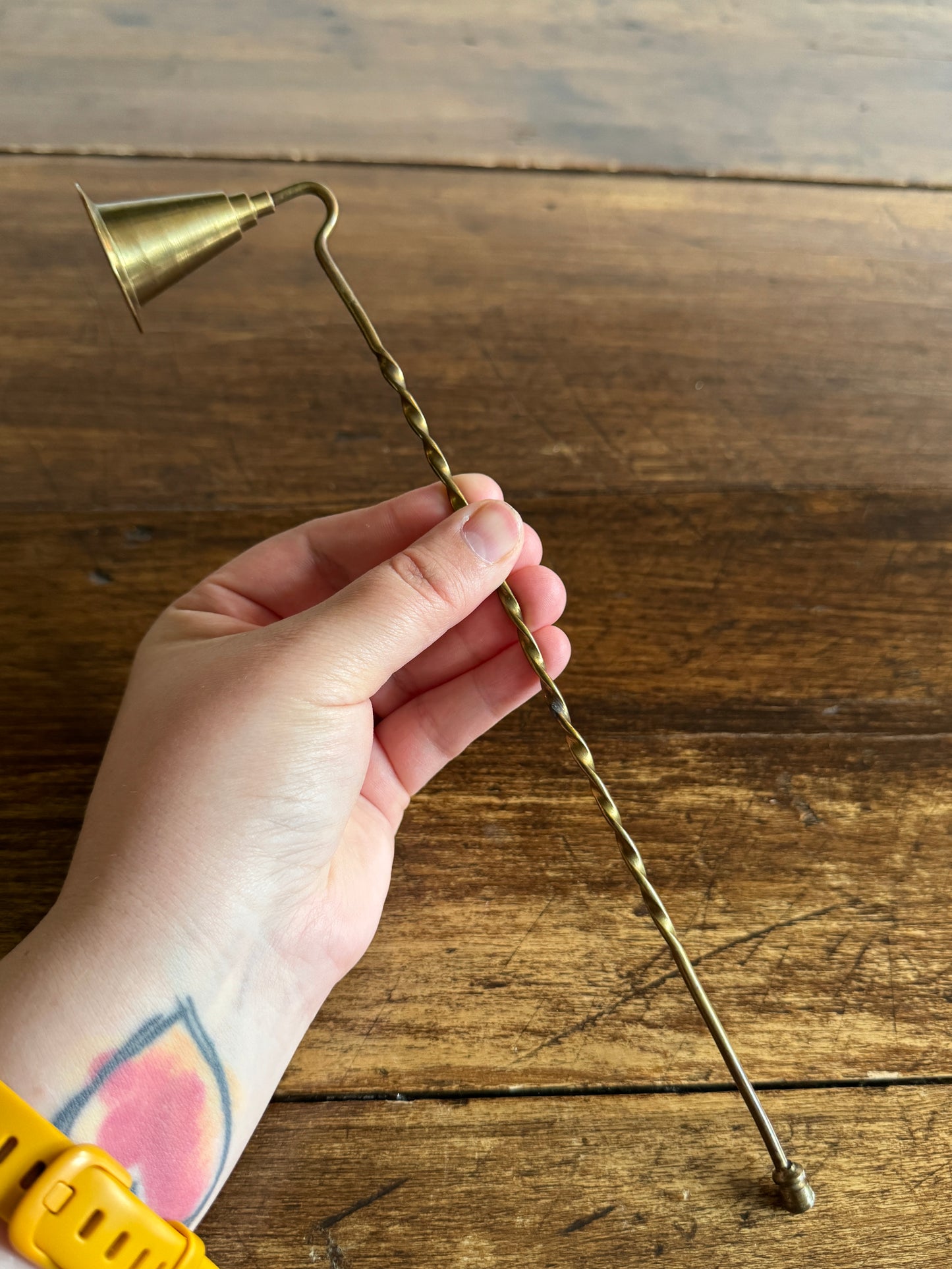 Vintage Brass Candle Snuffer with Twisted Handle and Cone Snuff