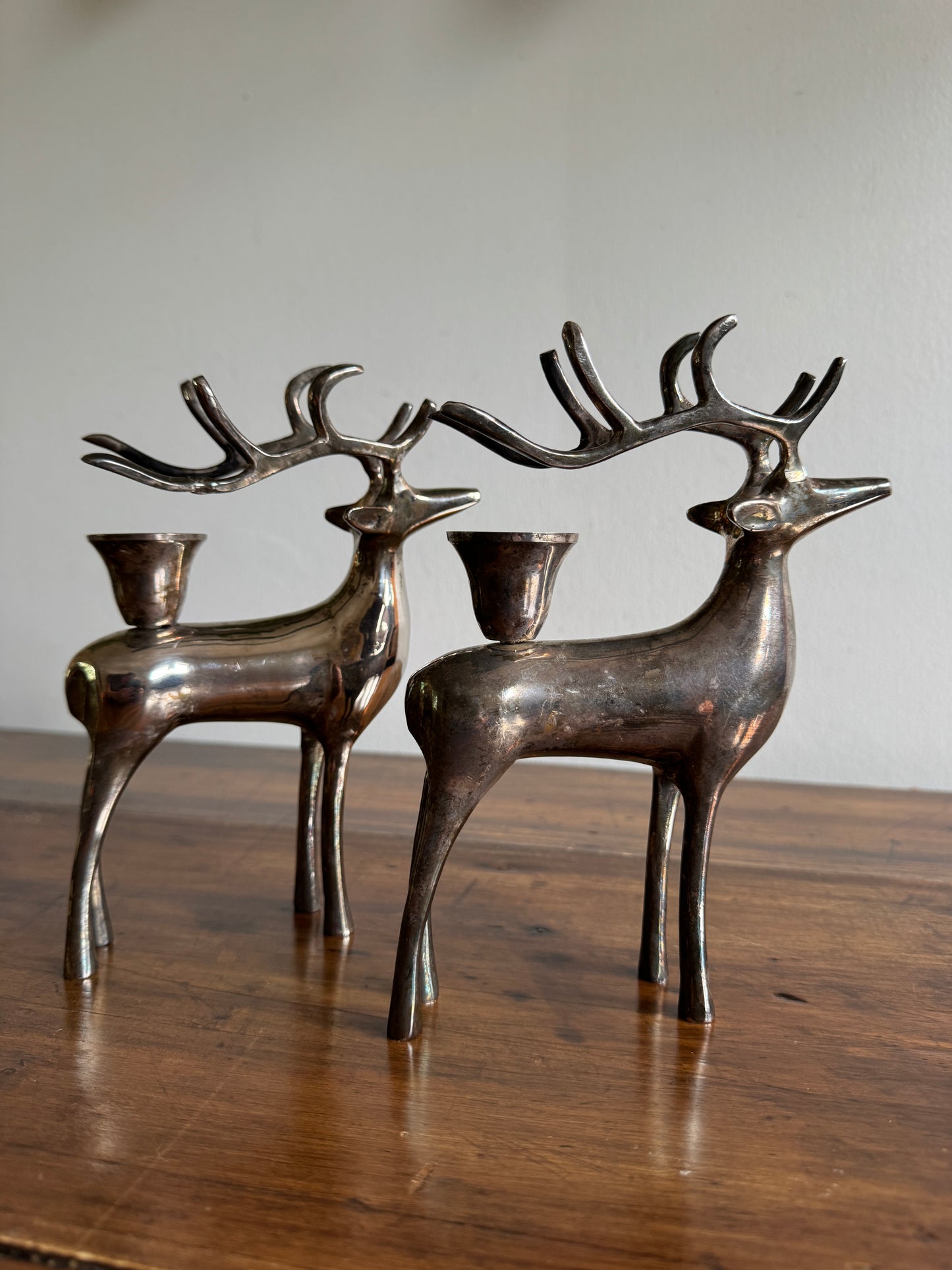 Pair of Pottery Barn Silver Plated Reindeer Candleholders