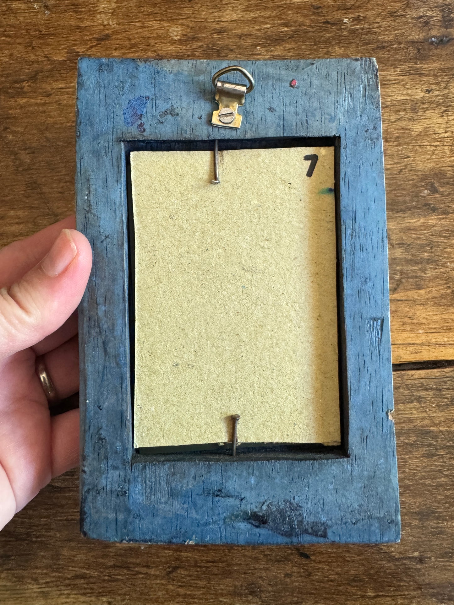 Small Blue Painted and Carved Wood Frame Mirror with Fish Detailing