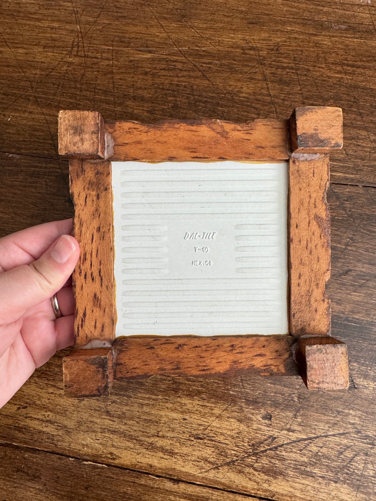 Wood Framed Tile Trivet with Yellow and Green Flower and Wood Trim Base