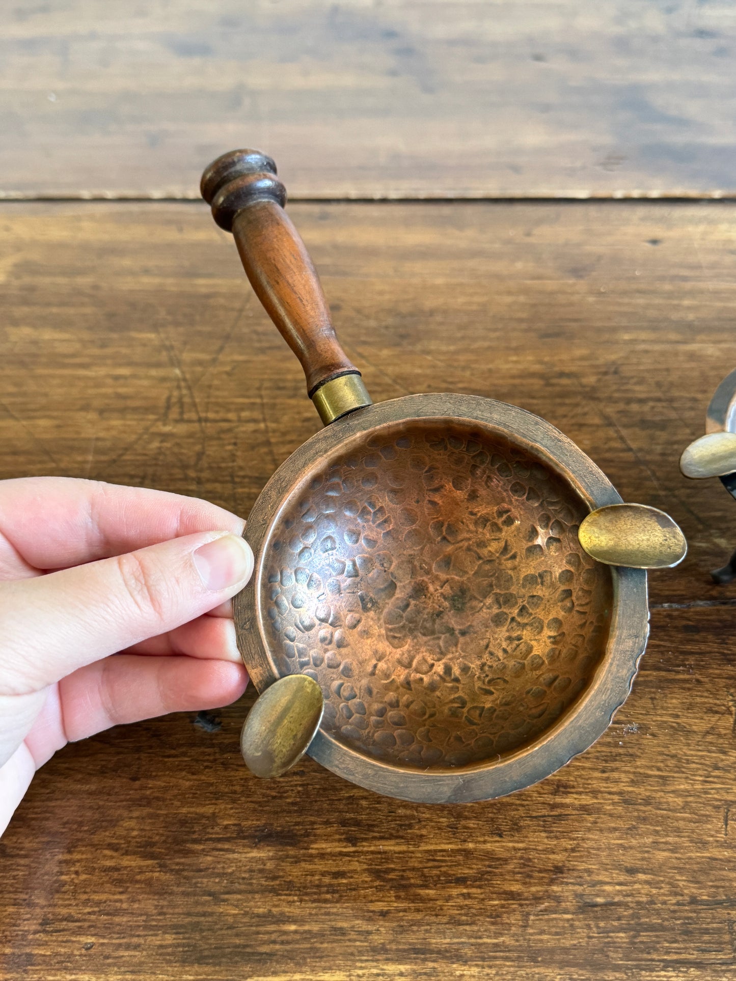 Pair of Copper, Brass and Wood Ashtrays on Stands