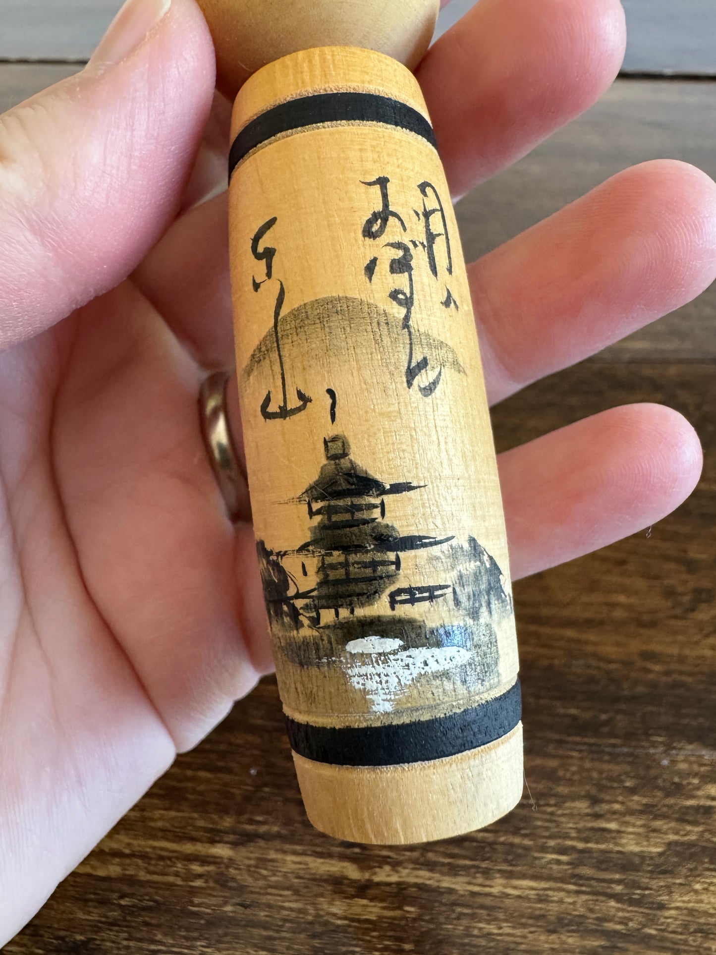 Vintage Pair of Japanese Kokeshi Dolls with Scenic Bodies and Calligraphy