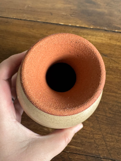Earthenware Pottery Vase with Tan and Brown Stripe Detailing and Thin Fluted Neck
