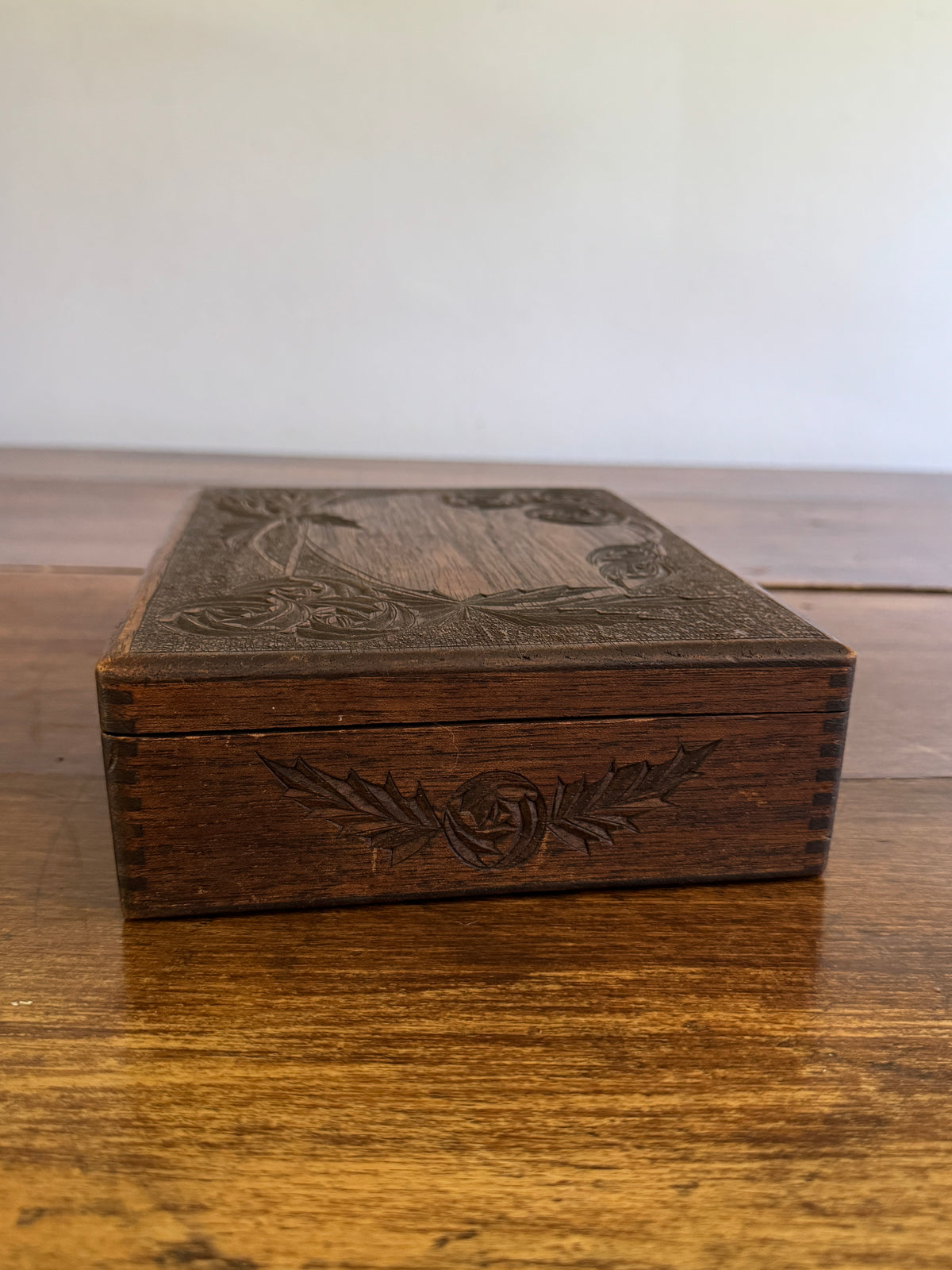 Antique Wood Carved Box with Floral Design and Deep Patina