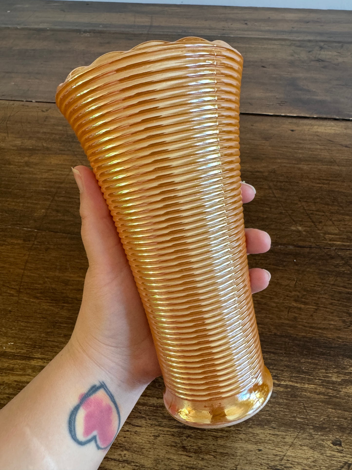Vintage Orange Lusterware Glass Flower Vase