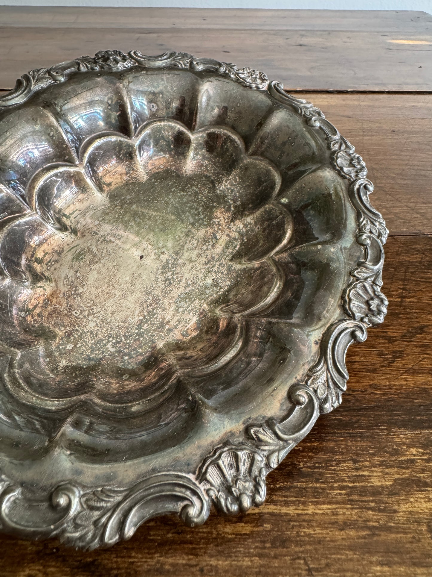 Silver Plated Scalloped Bowl with Lovely Worn Patina
