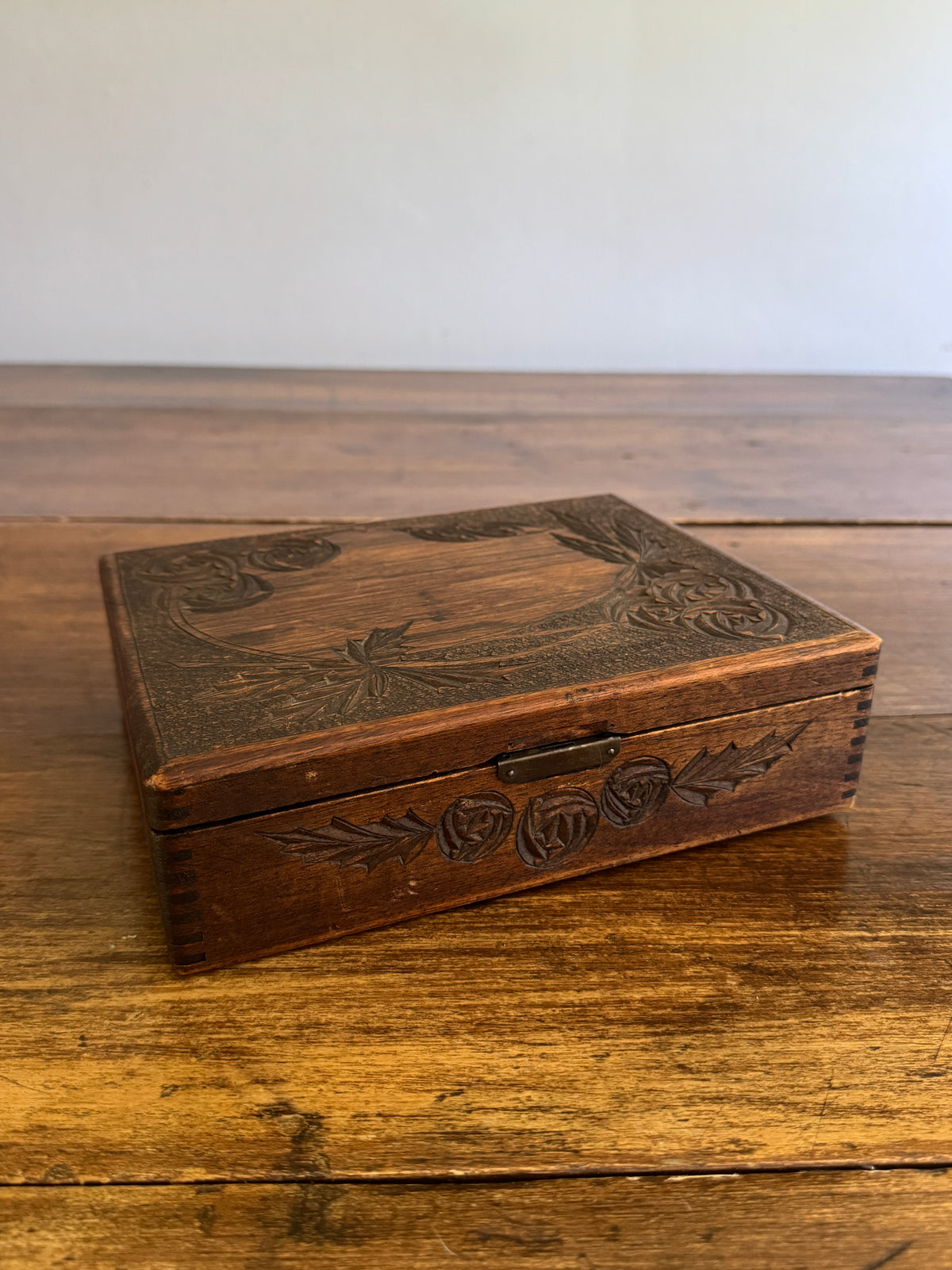 Antique Wood Carved Box with Floral Design and Deep Patina