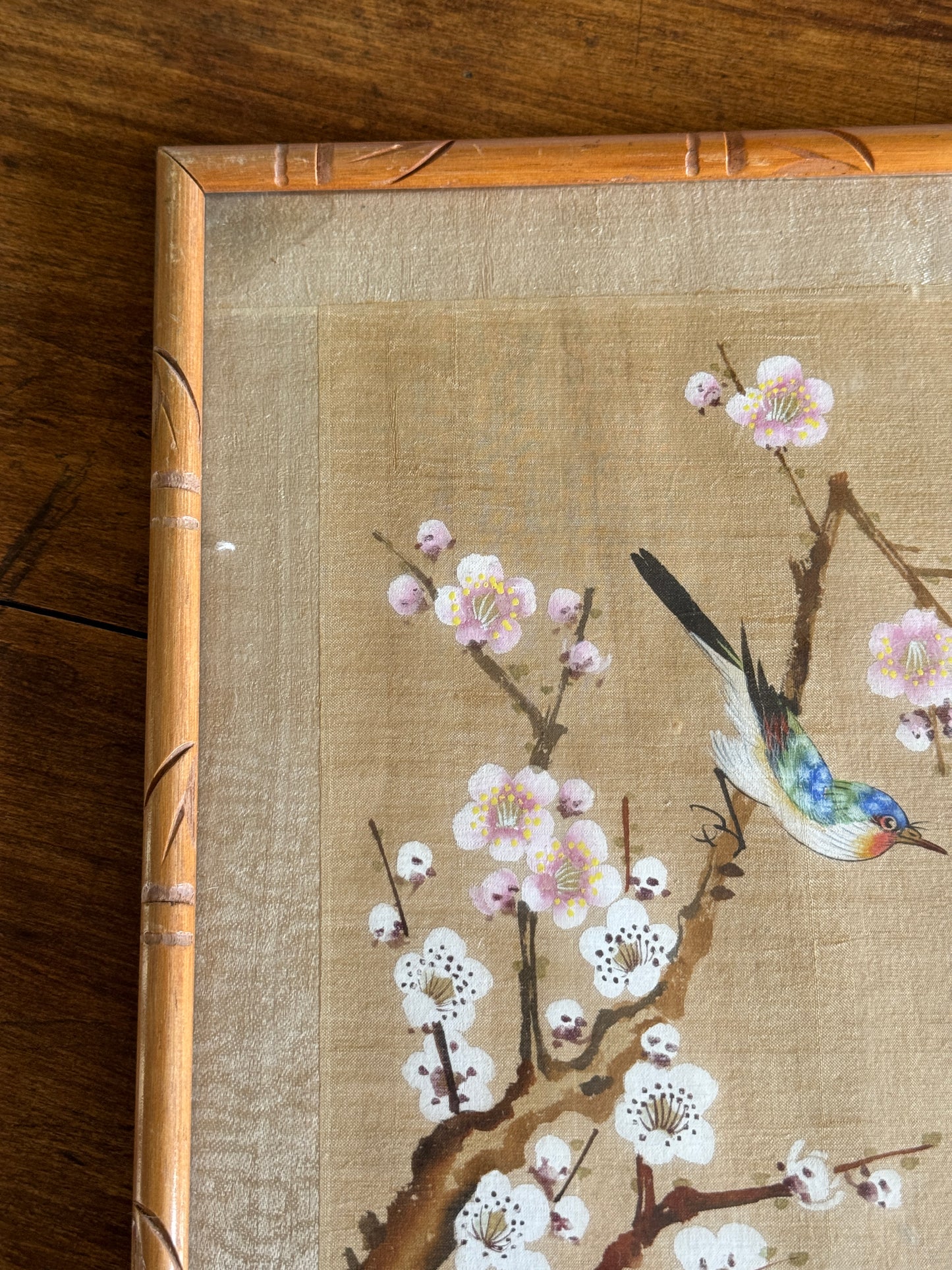 Vintage Bird Painting on Fabric Artwork in Simplistic Wooden Frame