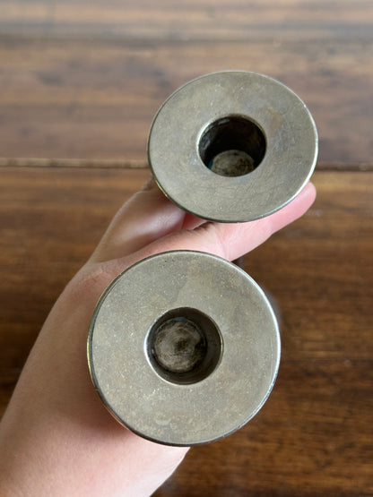 Vintage Pair of Memphis Design Style Candle Holders - Silver Tone with Brass Metal Candlestick Holders - Modernist Design