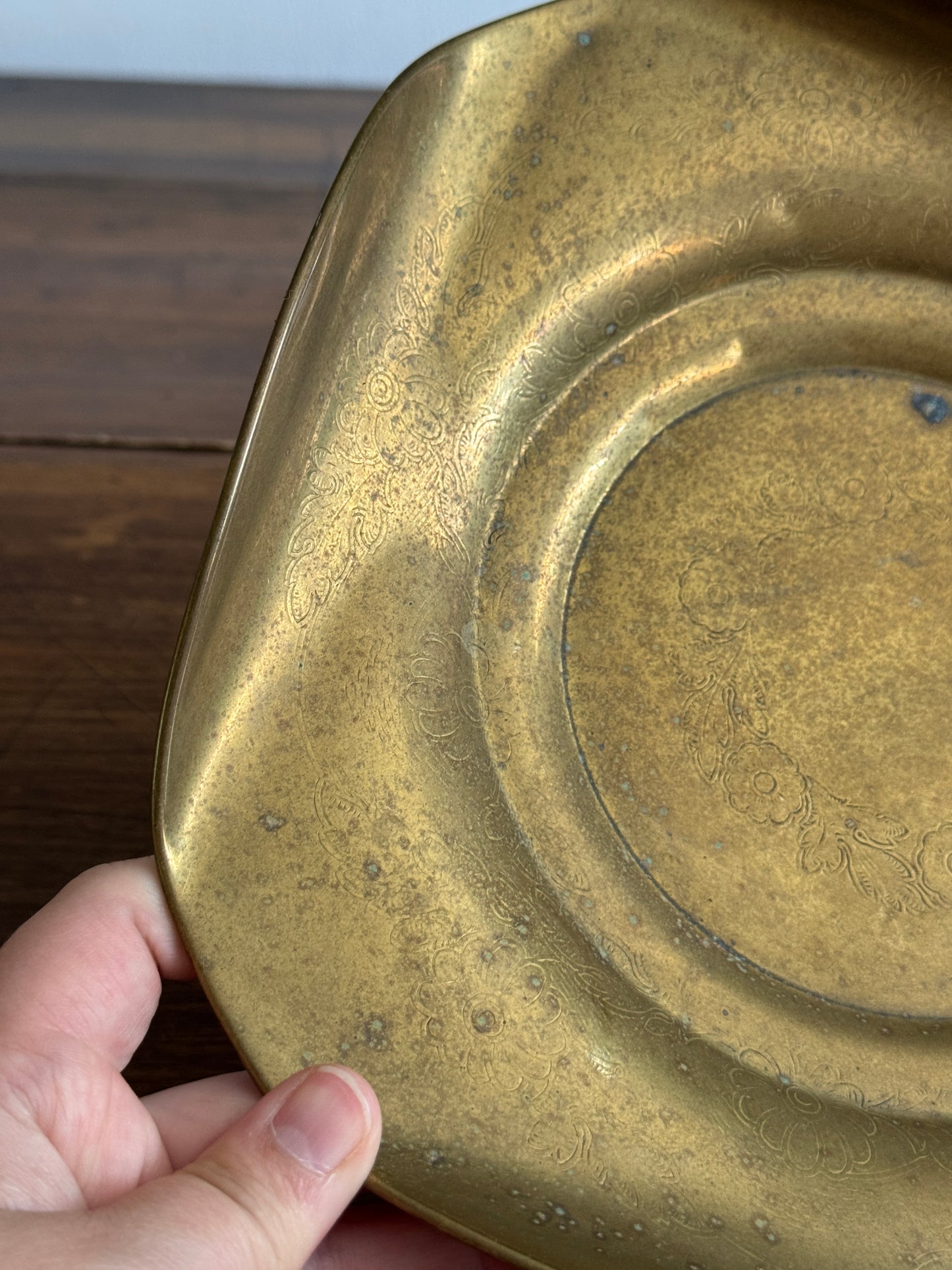 Vintage Curled Edge Brass Bowl with Light Floral Etched Pattern