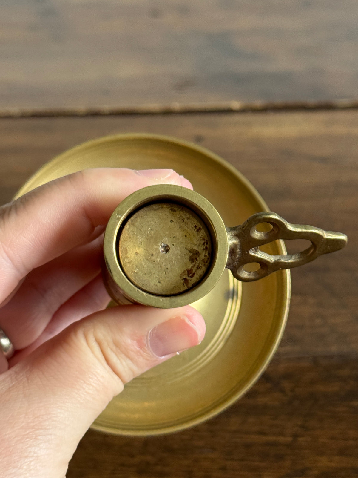 Vintage Brass Push Up Candleholder with Ornate Push Handle