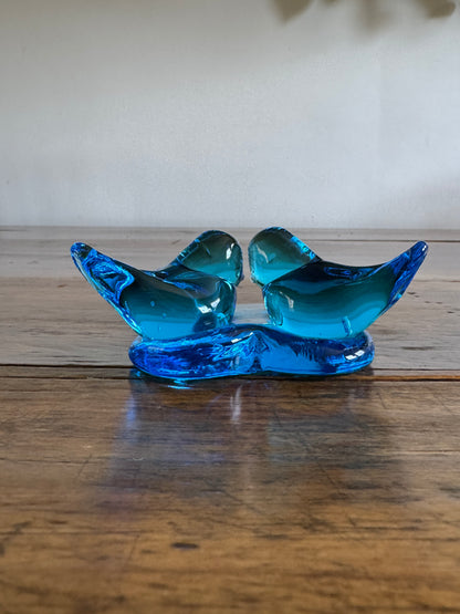 Vintage Glass Blue Birds of Happiness on Heart - Signed Paperweight