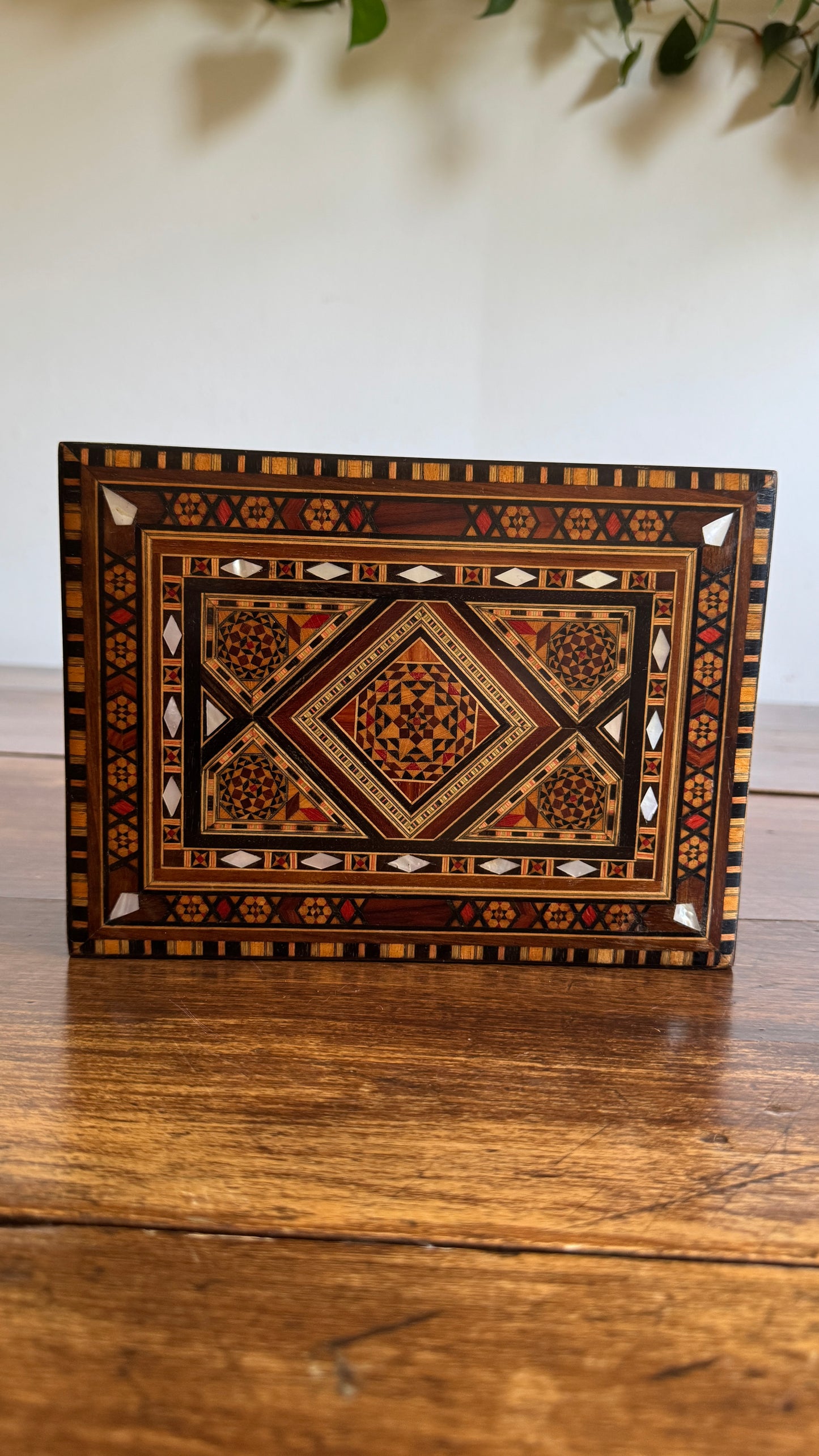 Vintage Inlay Box with Stunning Mother of Pearl Marquetry and Red Felt Inside