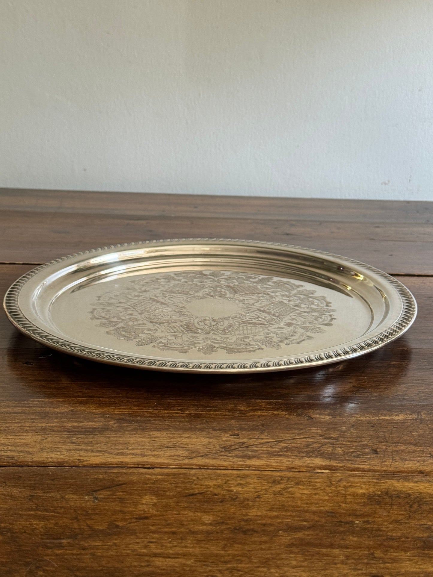 Large Vintage Viking Plate Silver E.P. on Copper Round Tray with Etched Detailing
