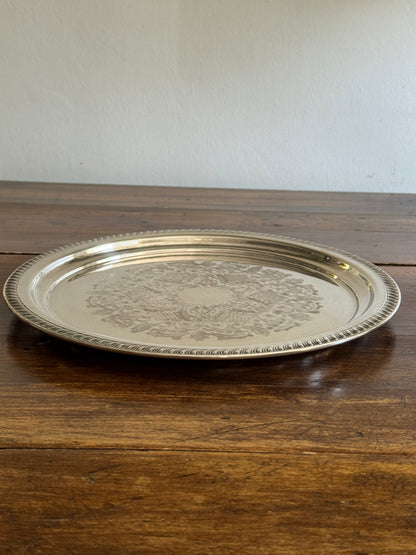 Large Vintage Viking Plate Silver E.P. on Copper Round Tray with Etched Detailing