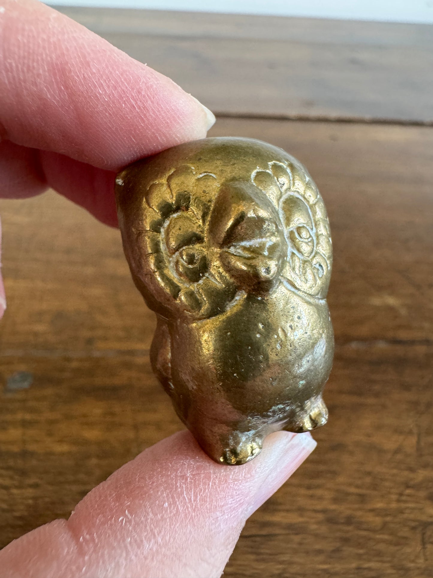 Vintage Brass Miniature Owl Figurine with Flower Eyes