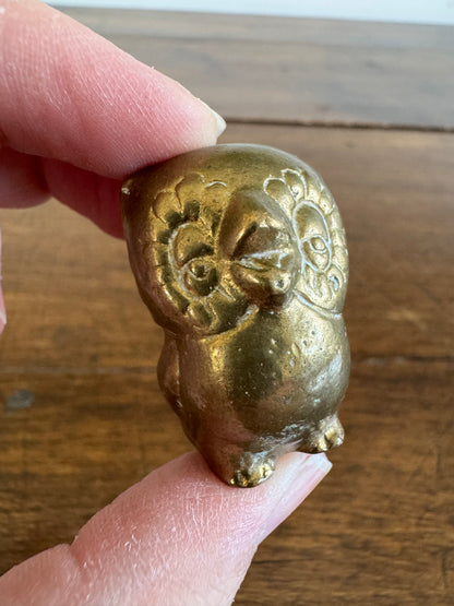 Vintage Brass Miniature Owl Figurine with Flower Eyes