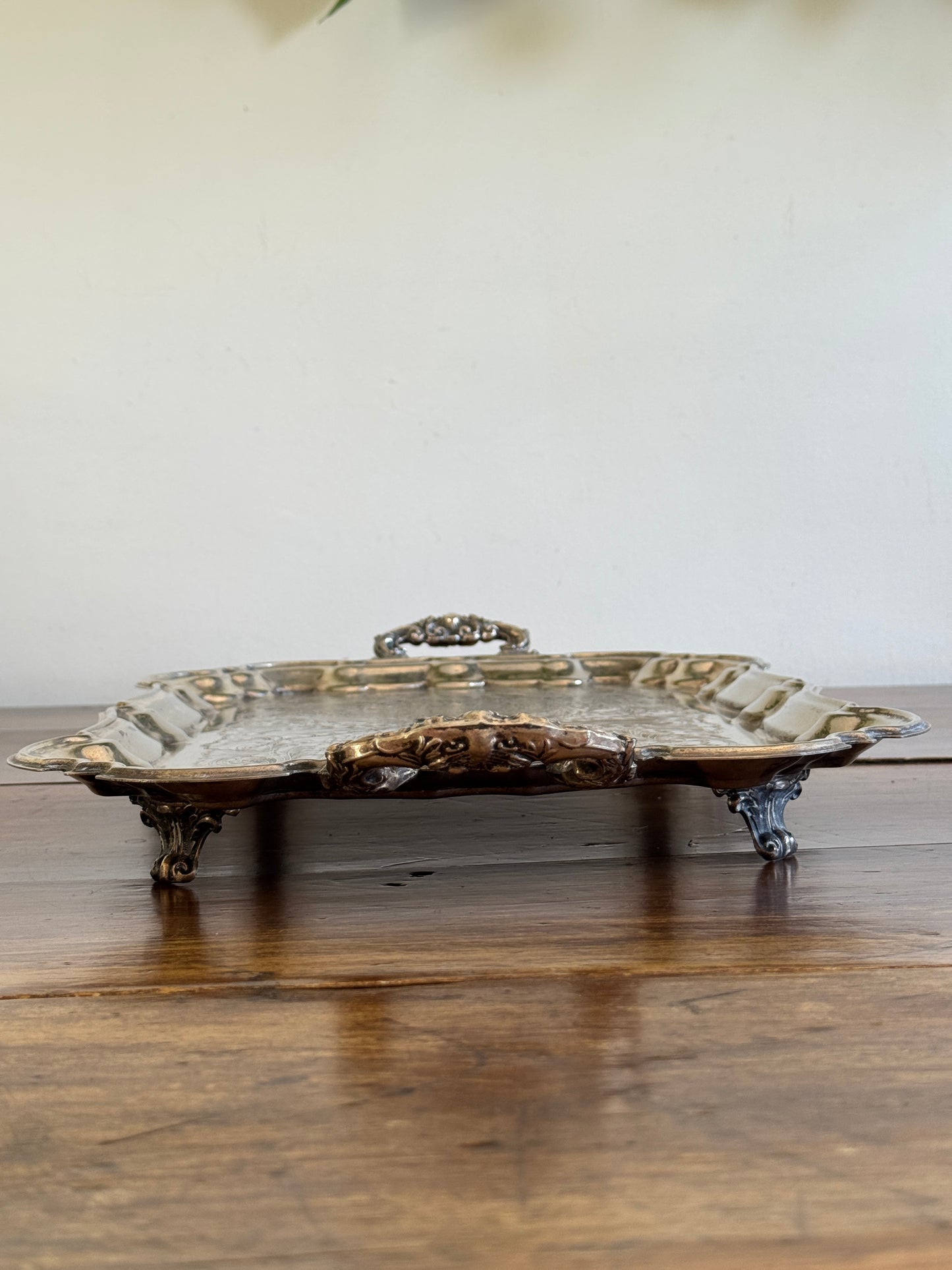 Vintage Large Leonard Silver Plated Over Brass Ornate Serving Platter with Raised Feet and Etched Detailing - Silver Plated Butler Tray