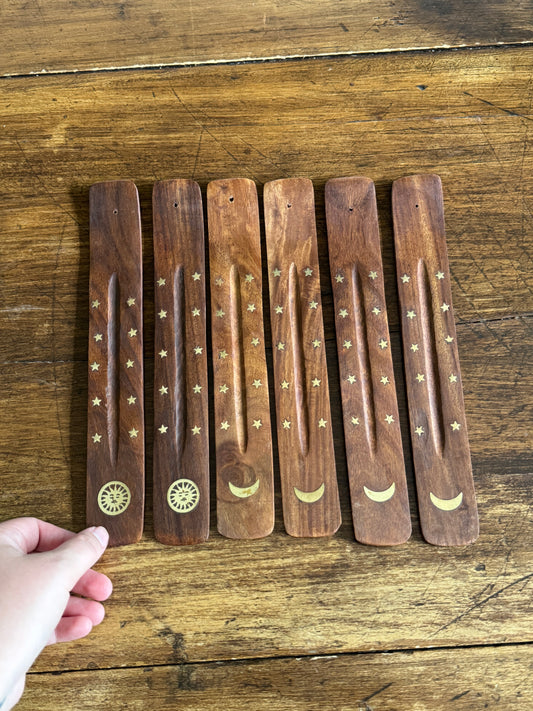 PICK ONE: Wood with Brass Inlay Incense Holder with Moon or Sun Design