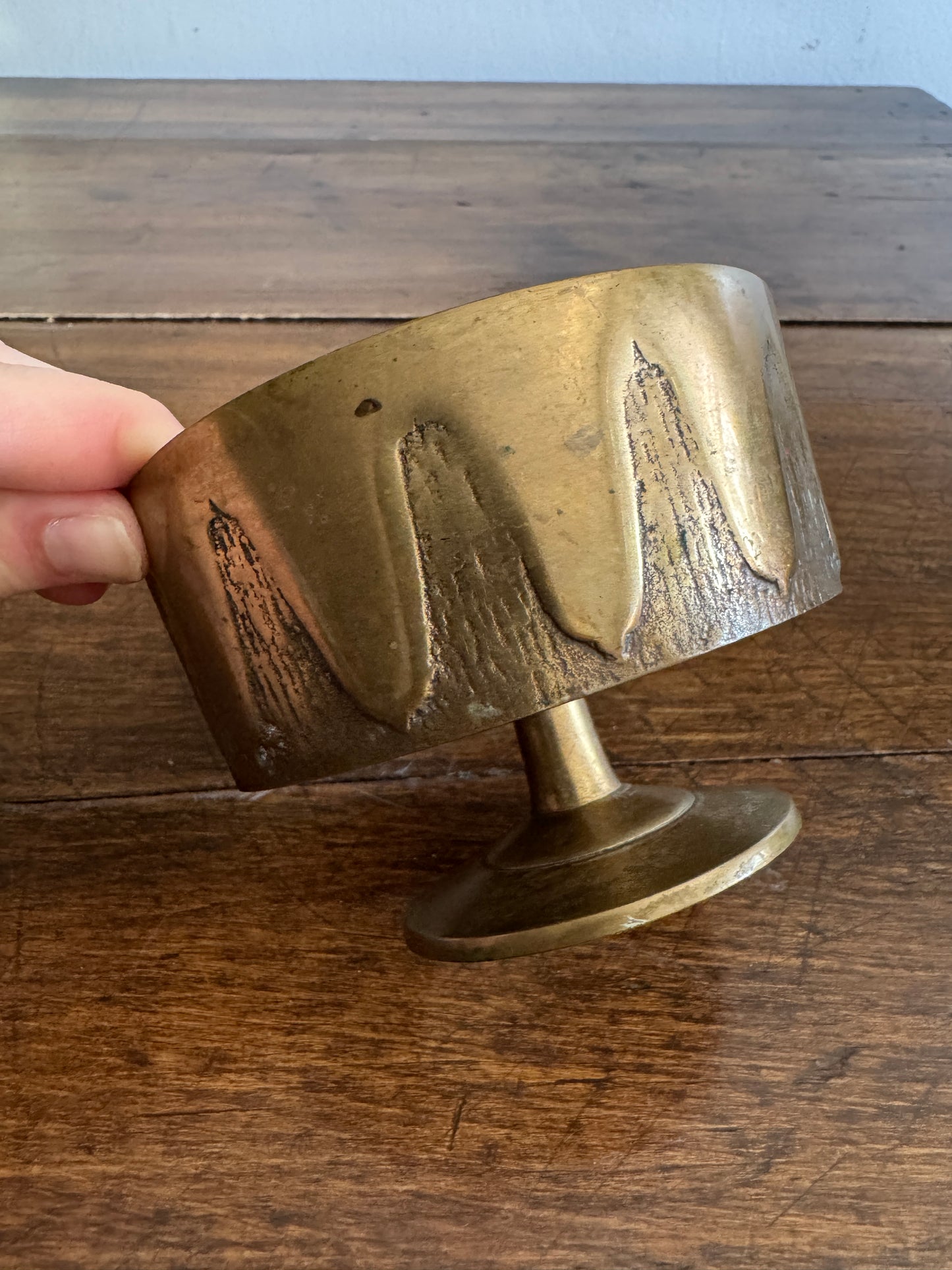 Vintage Korean Brass Dish with Raised Pedestal Design and Side Detailing