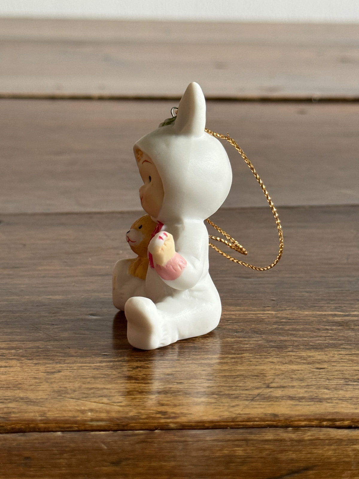 Vintage Ceramic Bunny Child with Bear Ornament