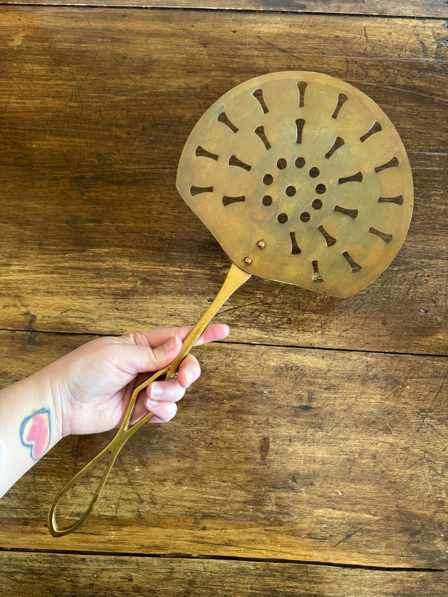 Vintage XL Brass Strainer - Large Wall Hanging Kitchen Utensil
