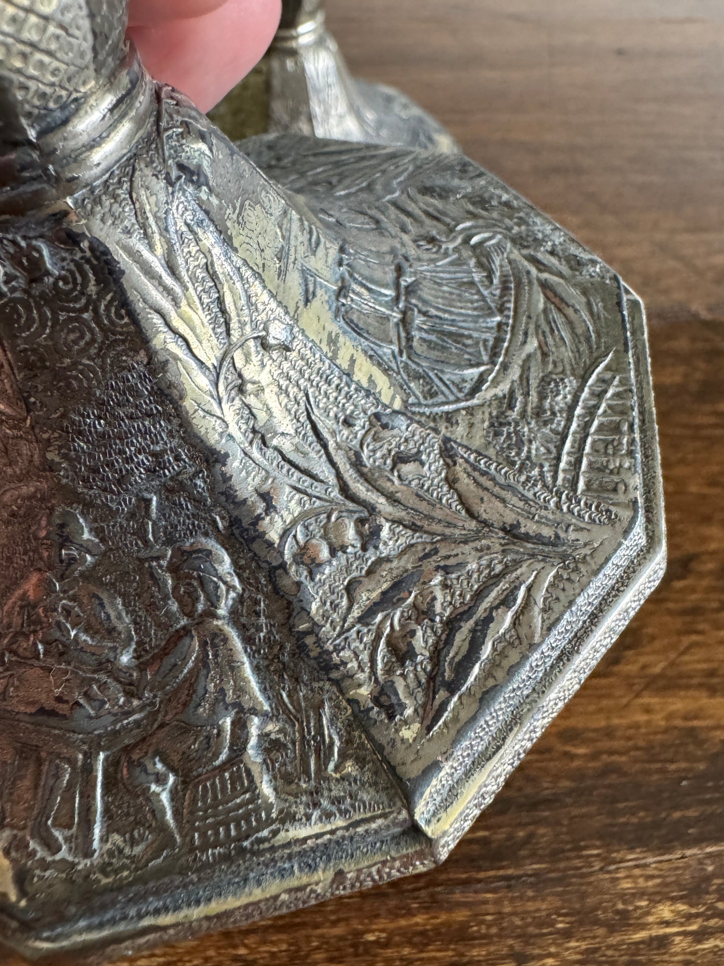 Pair of Etched Silver-Tone Repousse Candle Holders
