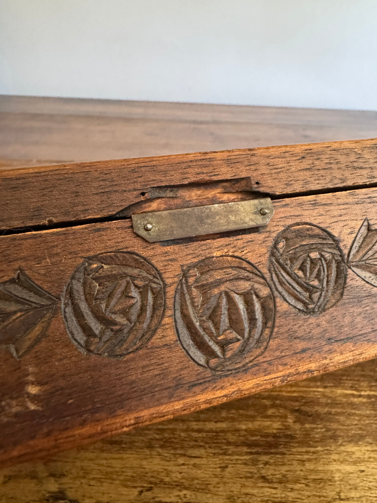 Antique Wood Carved Box with Floral Design and Deep Patina