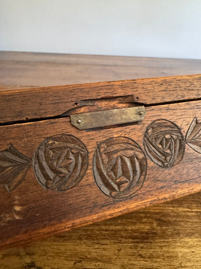 Antique Wood Carved Box with Floral Design and Deep Patina