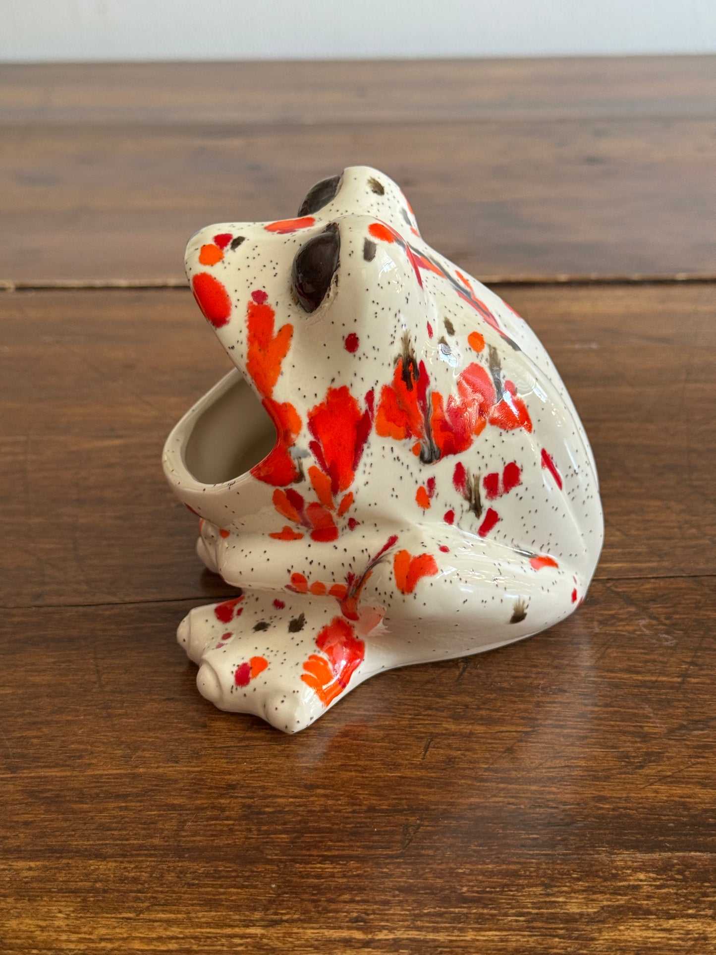 Vintage Ceramic Soap Holder Open Mouth Frog with Colourful Splatter Paint Design