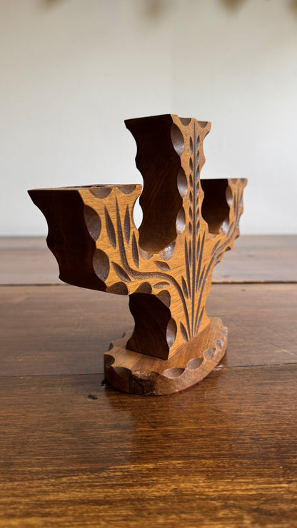 Vintage Wood Folk Art Carved Candelabra