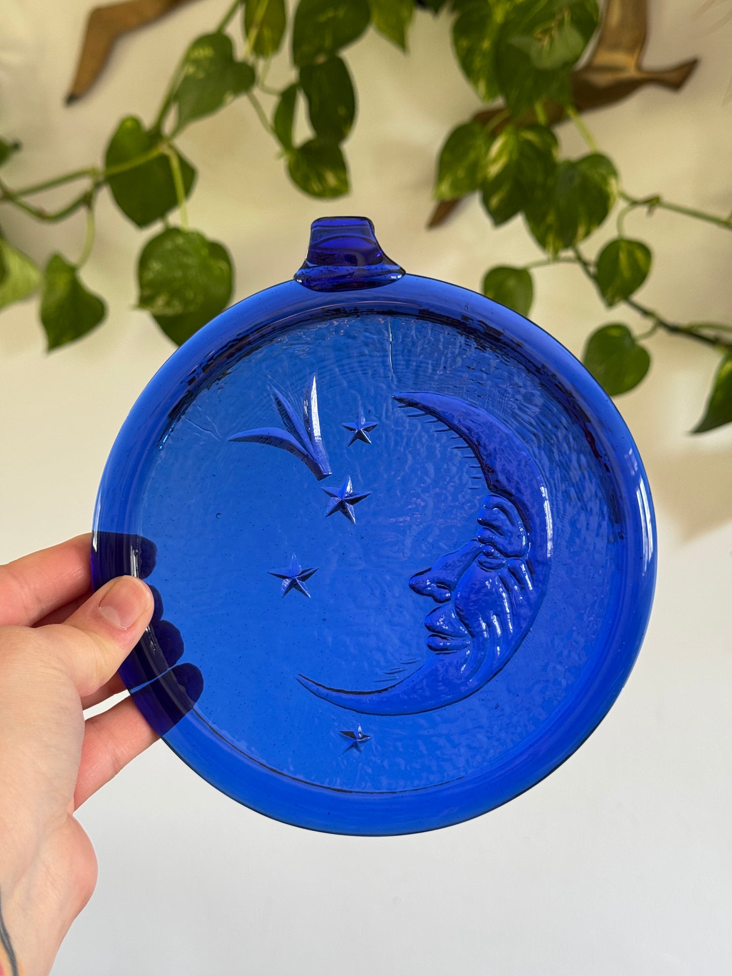 Vintage Cobalt Blue Glass Sun Catch with Man in the Moon Face and Stars