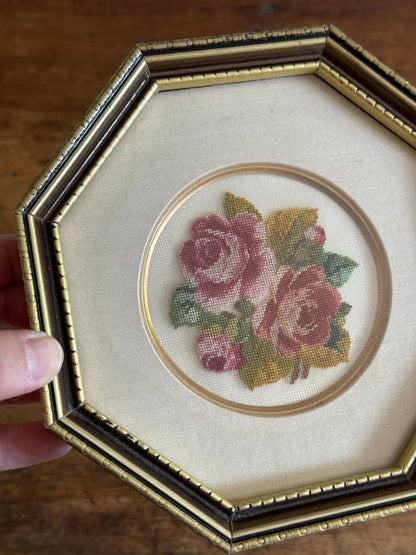Vintage Petite Point Flower Art in Octagon Frame