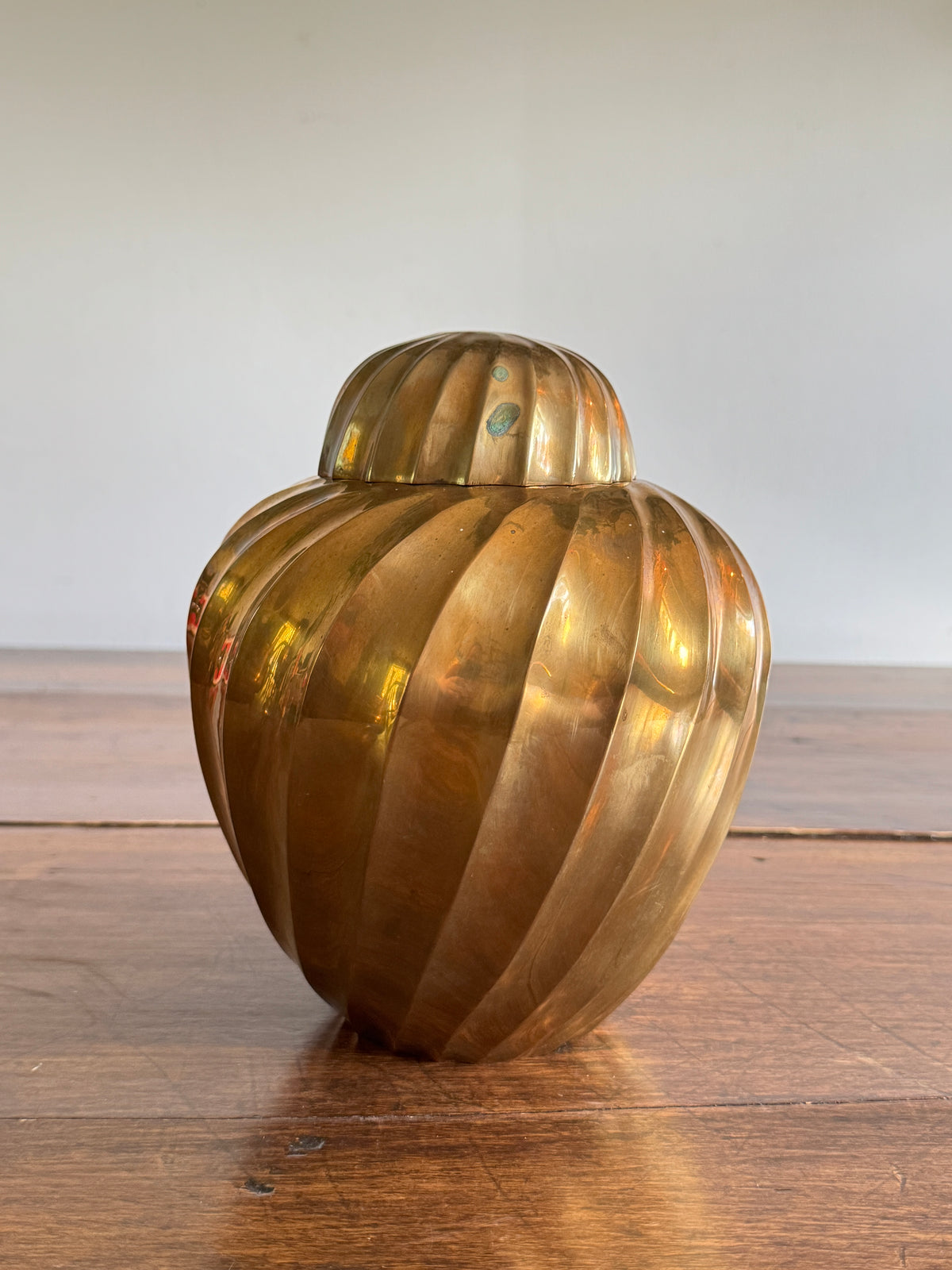 Vintage Heavy Solid Brass Ginger Jar with Swirled Sides and Rounded Lid - Made in India