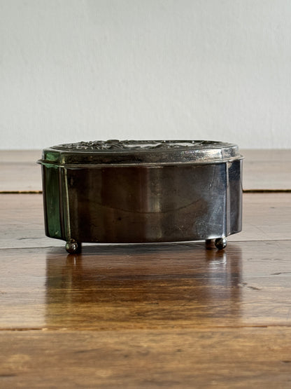 Vintage Art Nouveau DS. Co Pewter Silver-Tone Trinket Box with Floral Hinged Lid